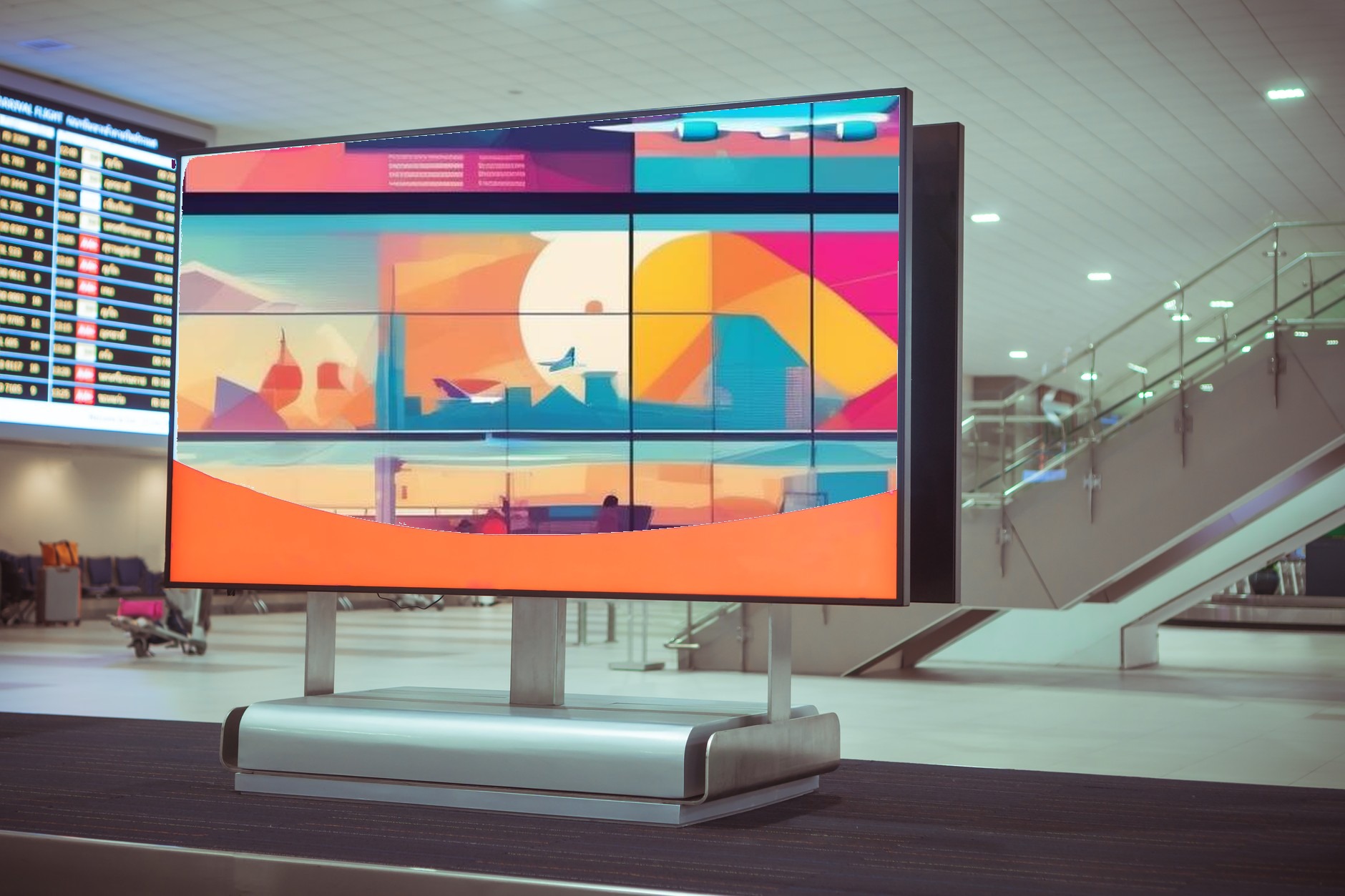 A coordinated row of digital information displays in a busy terminal