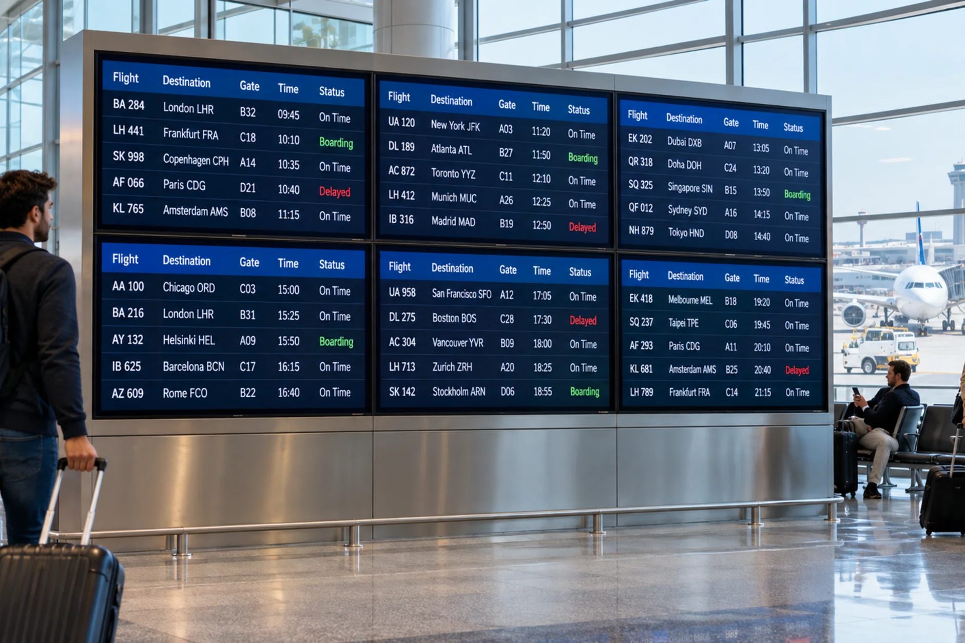 Travelers walking past an airport terminal video wall showing a live flight departure board