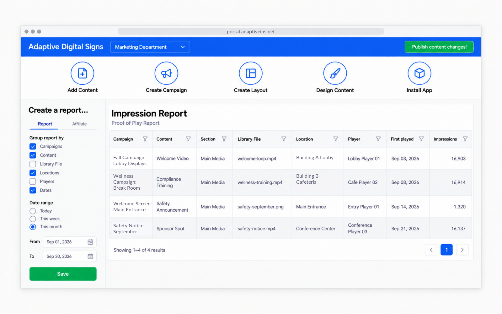 Sample Adaptive reporting dashboard showing a proof-of-play report with campaign, content, location, player, first-played date, and impressions columns