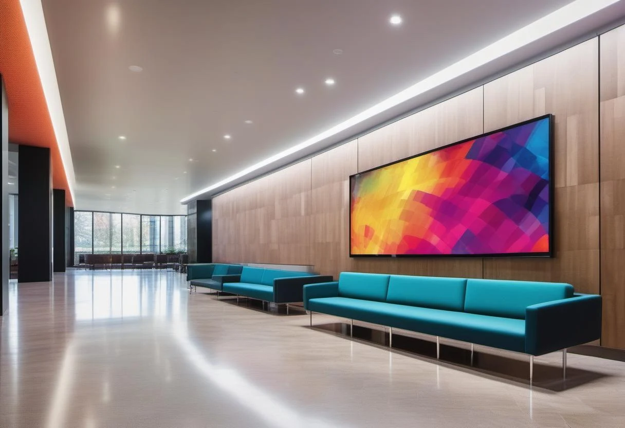 Corporate lobby with a large wall-mounted screen showing abstract art above teal lounge seating