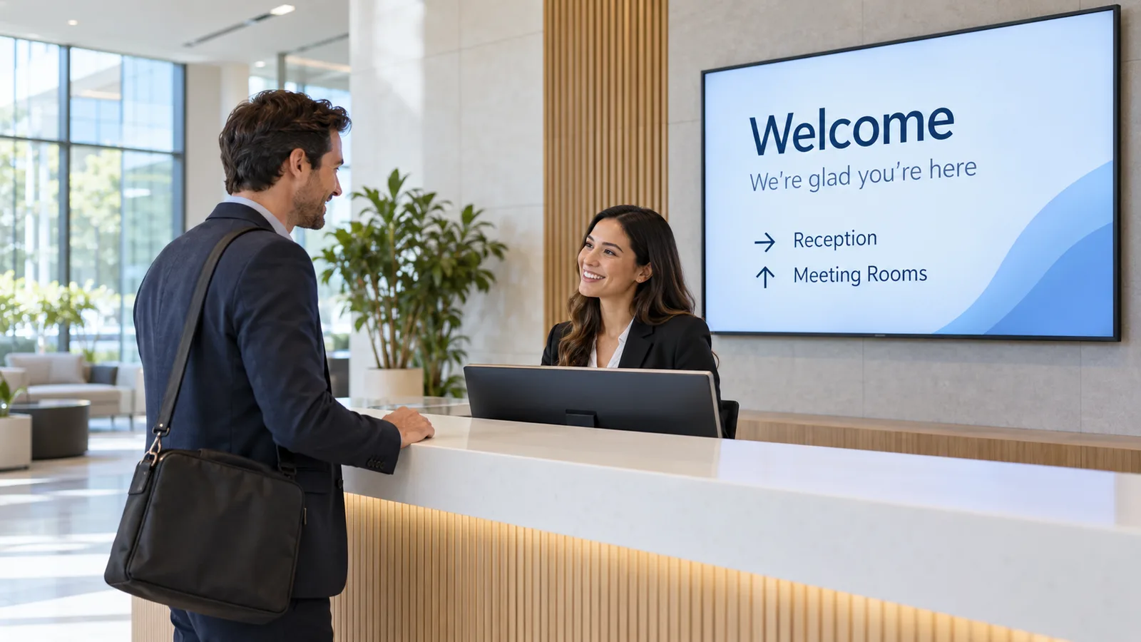 Employee talking with a receptionist at a bright office lobby desk beside a wall screen showing a welcome message
