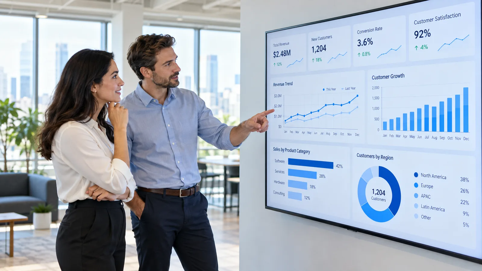 Two colleagues reviewing a company analytics dashboard on a large wall screen in a bright office
