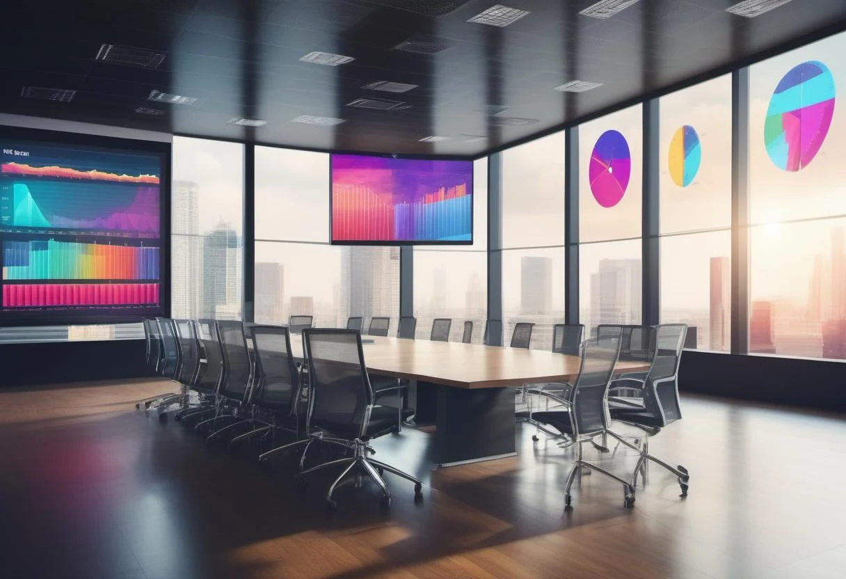 High-rise boardroom with data chart displays overlooking the city skyline