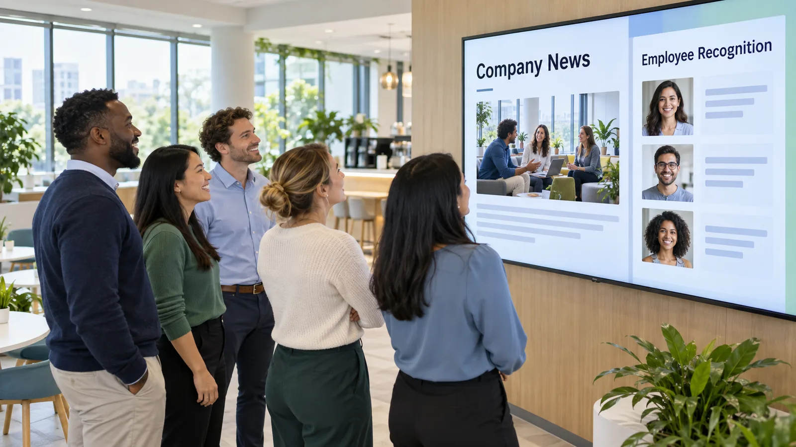 Employees gathered around a wall screen showing company news and employee recognition