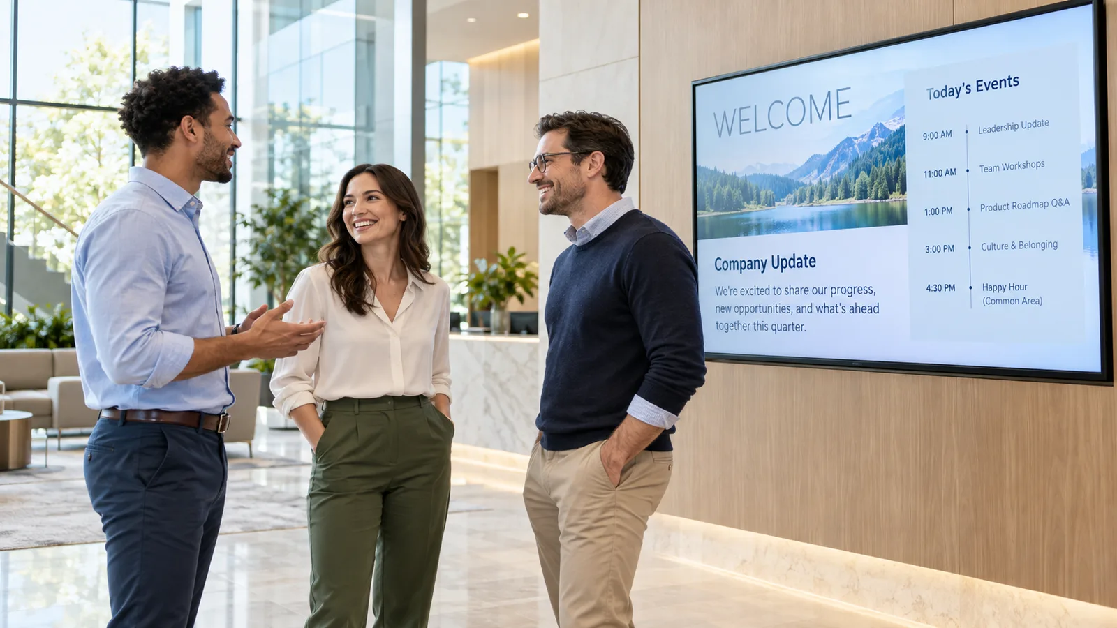 Three coworkers talking in a bright office lobby beside a wall display showing a welcome message, company update and today's events