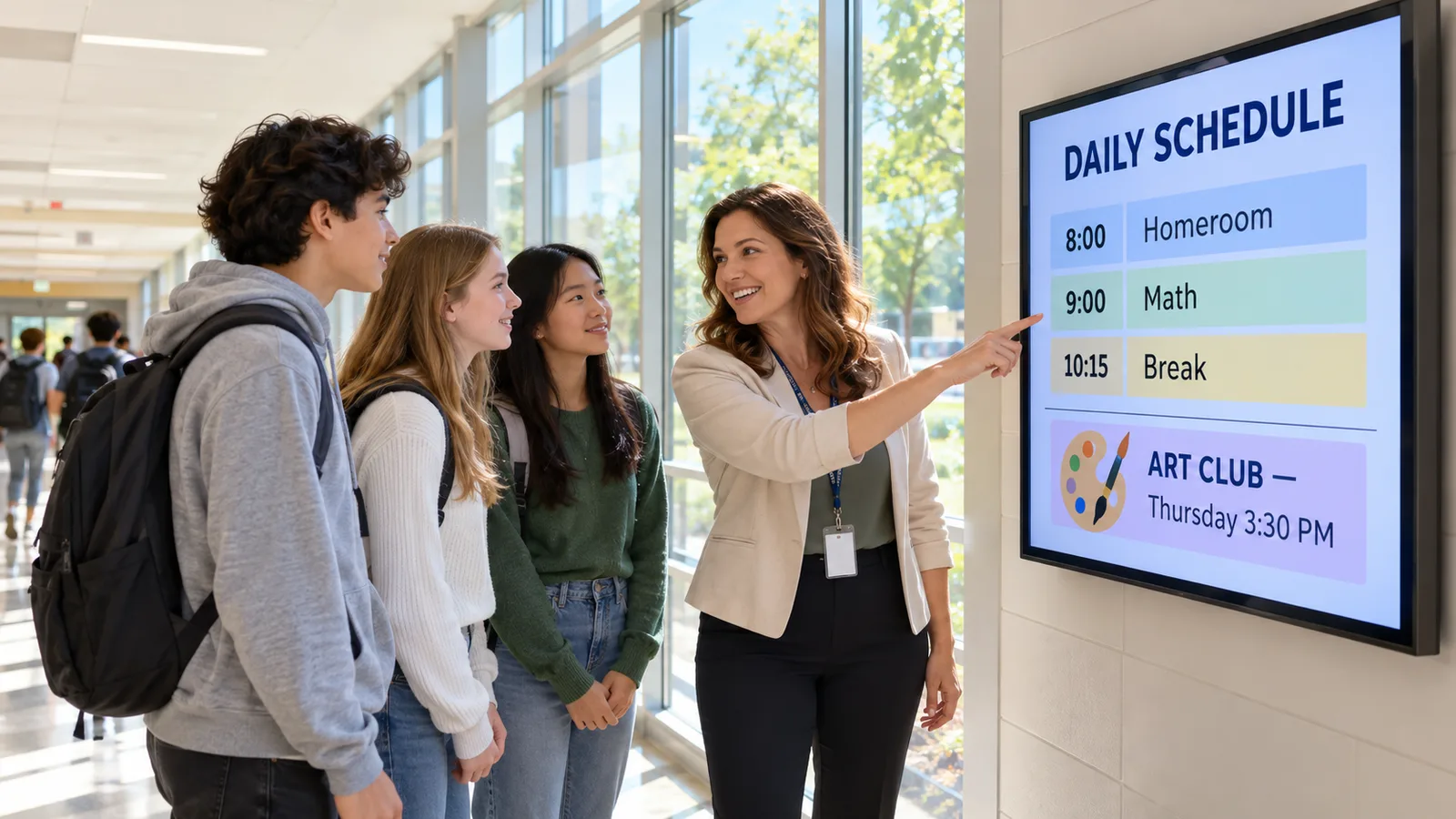 Students and a teacher in a sunlit school hallway beside a wall screen showing the daily schedule