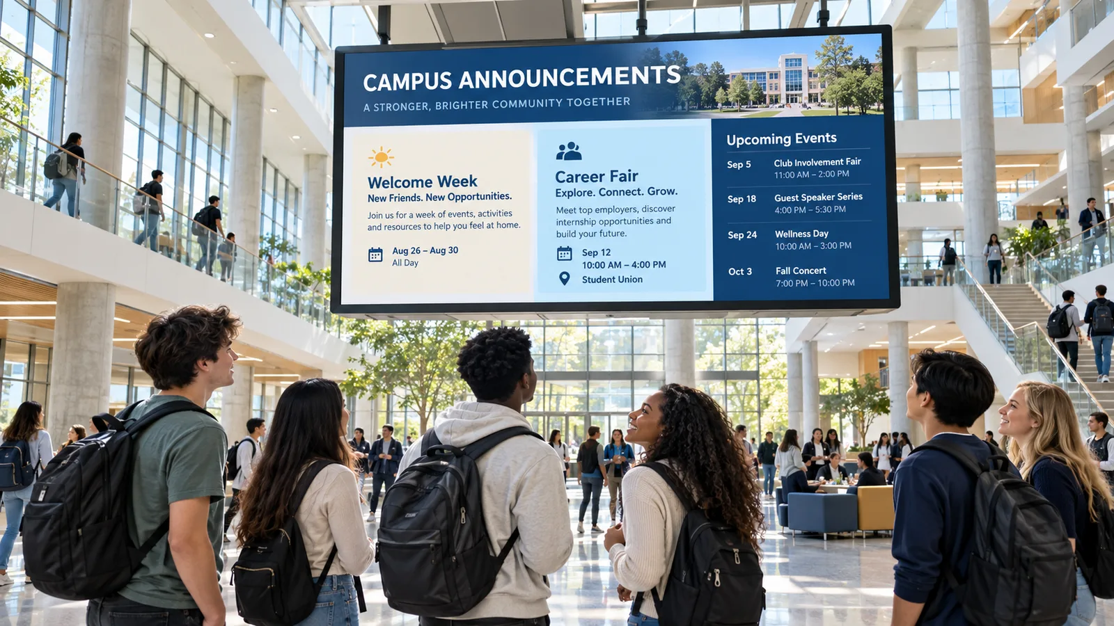 Students gathered in a campus atrium below a large screen showing announcements and upcoming events