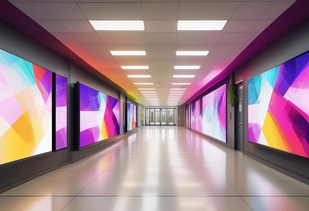 School hallway lined with large abstract digital art panels on both walls