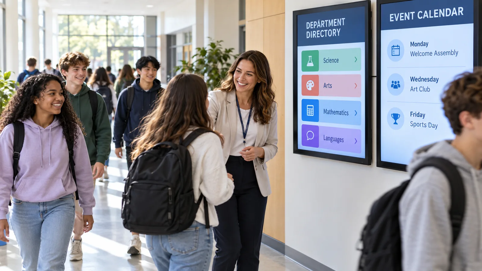 Students and a teacher in a school hallway beside screens showing a department directory and event calendar