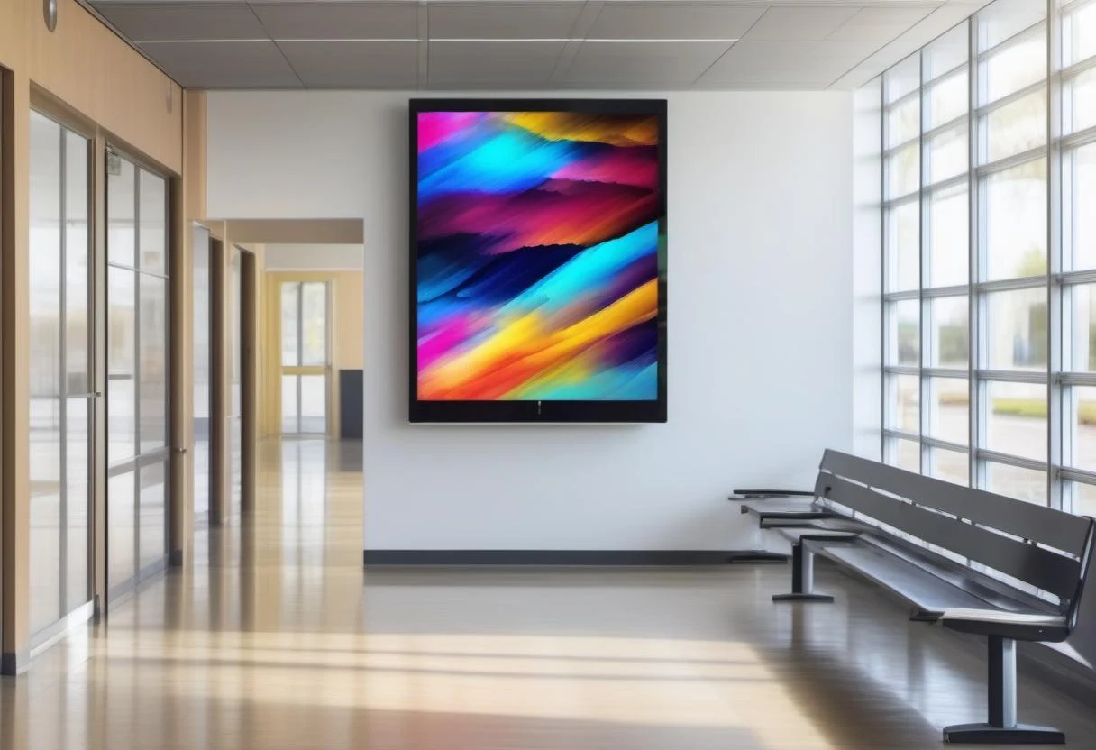 Vertical digital display with abstract artwork above a bench in a school corridor