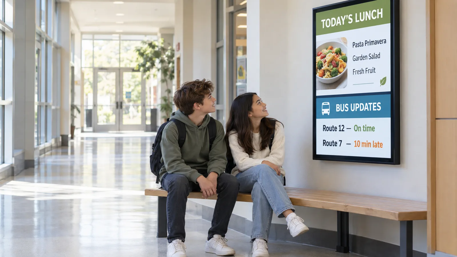 Two students on a bench in a school corridor beside a display showing the lunch menu and bus updates