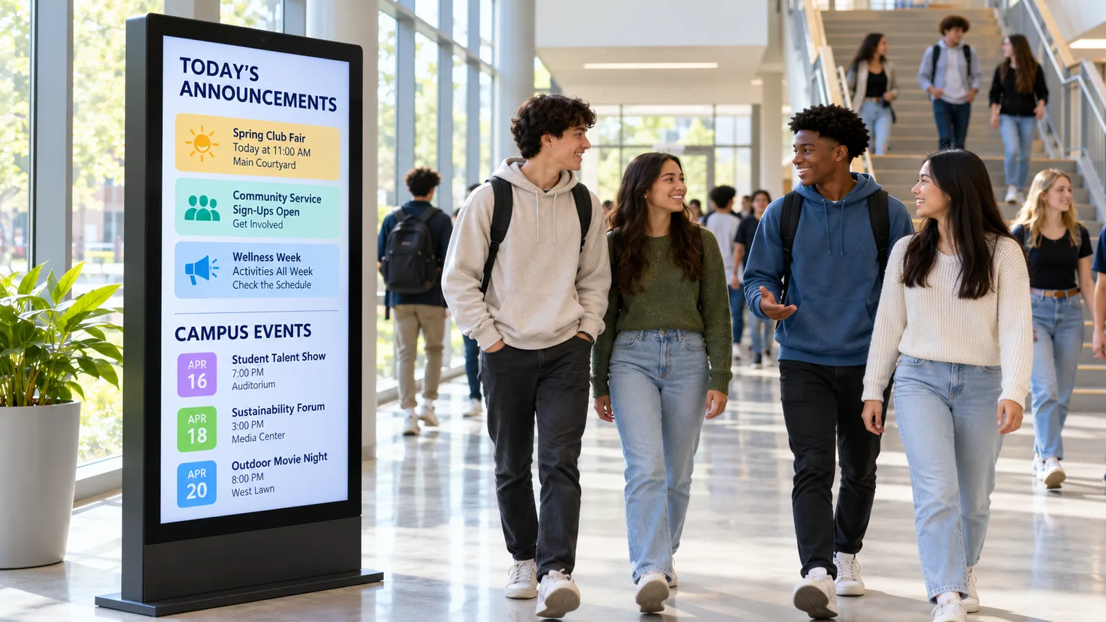 Students walking through a sunlit campus hallway past a digital kiosk listing today's announcements and campus events