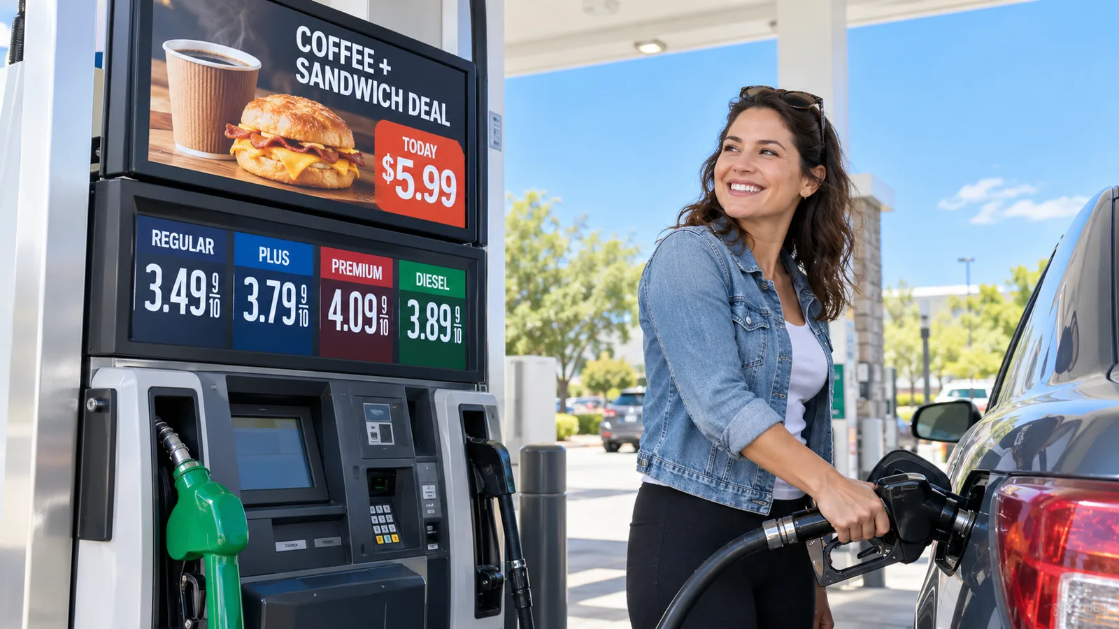 A customer fueling at a pump beneath a topper screen advertising a coffee and sandwich deal
