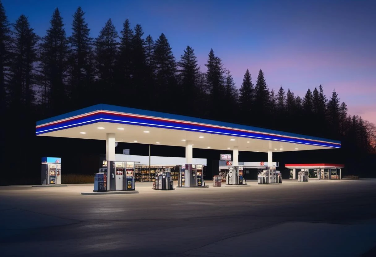 Illuminated fuel station canopy and pump islands at twilight with a forest backdrop