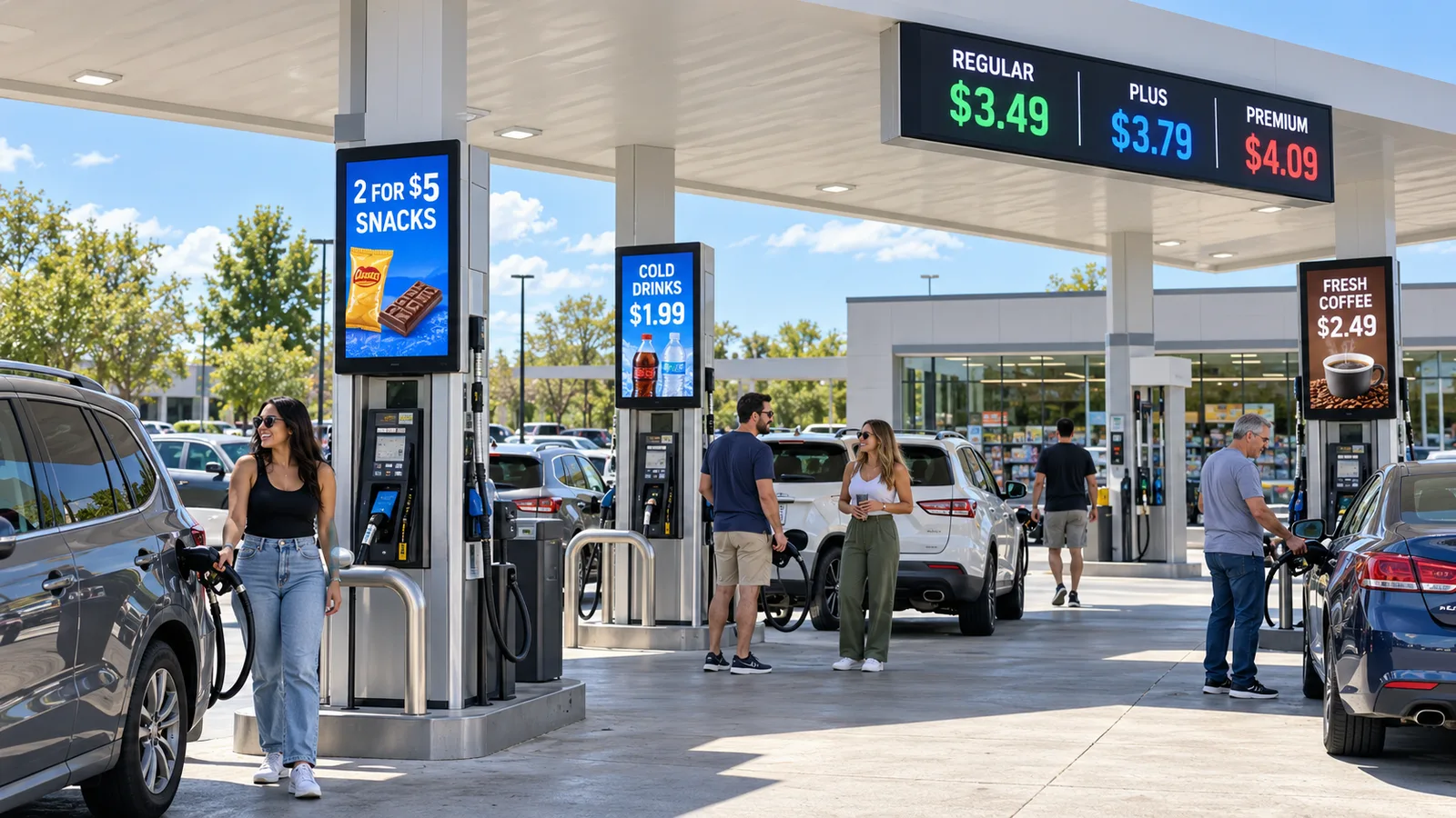 Customers fueling under a bright station canopy beside a large fuel price sign
