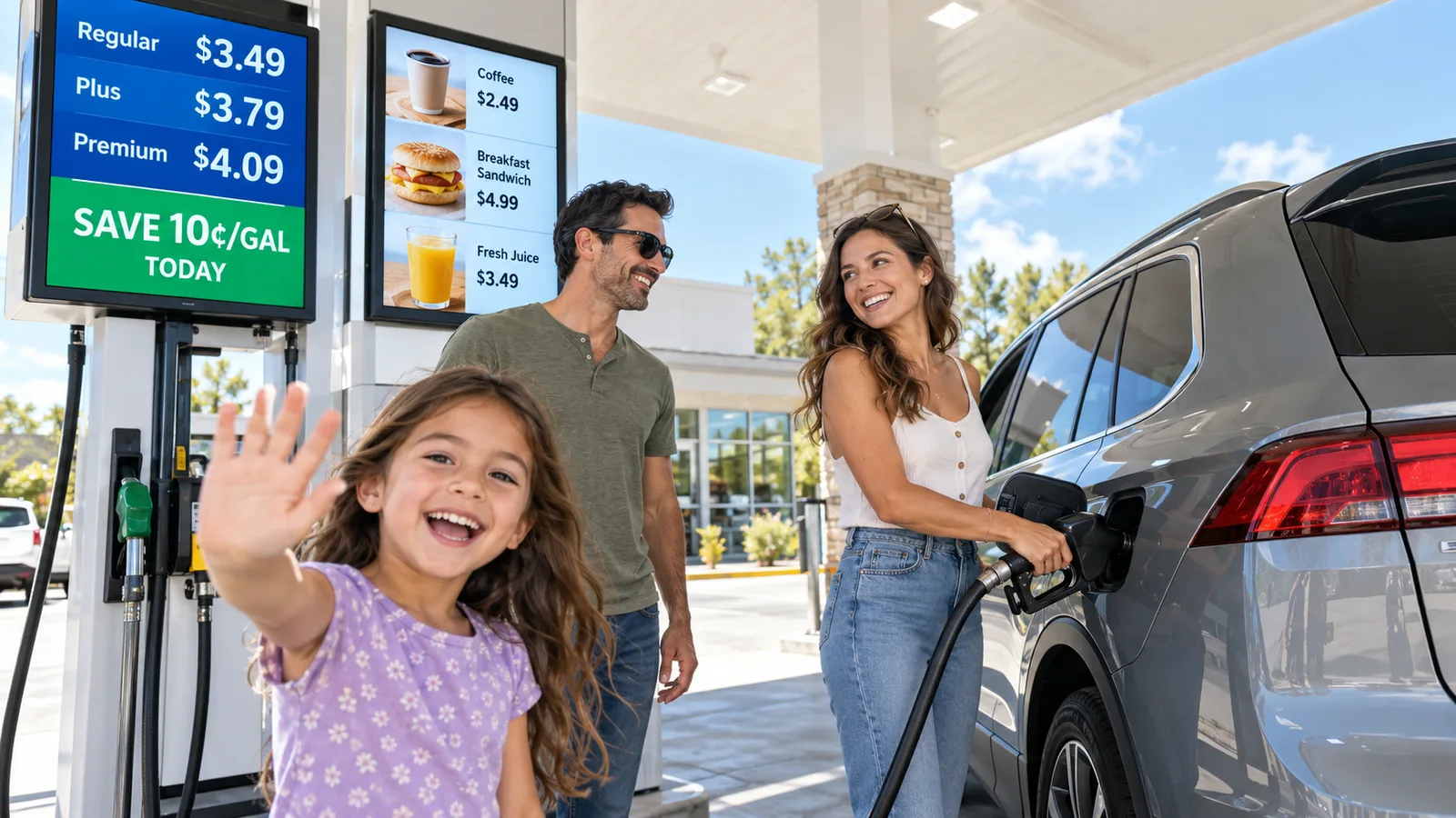 A family fueling their car under a canopy lined with digital price panels, a child waving