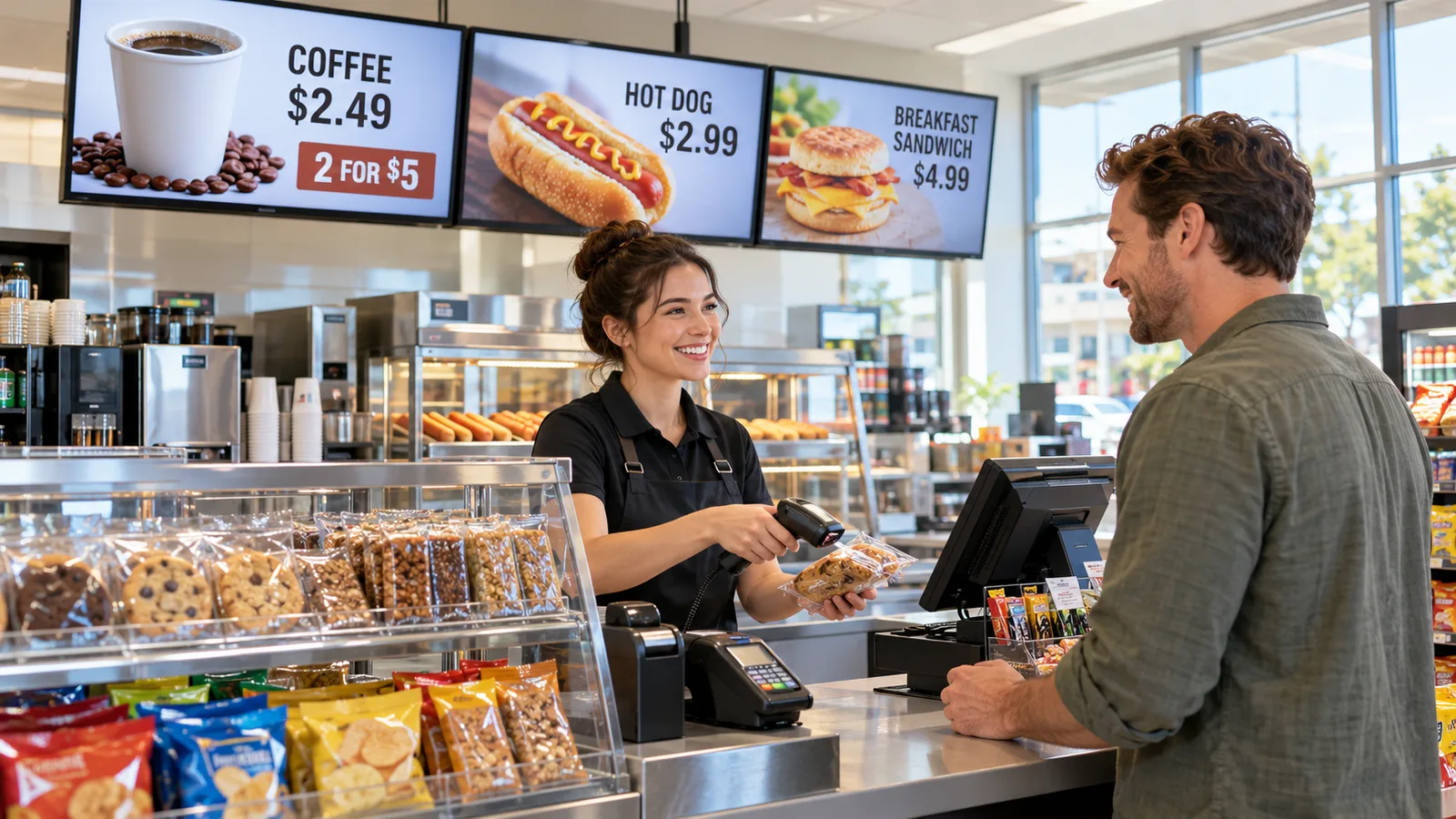 A cashier serving a customer at a convenience store counter beneath three menu screens