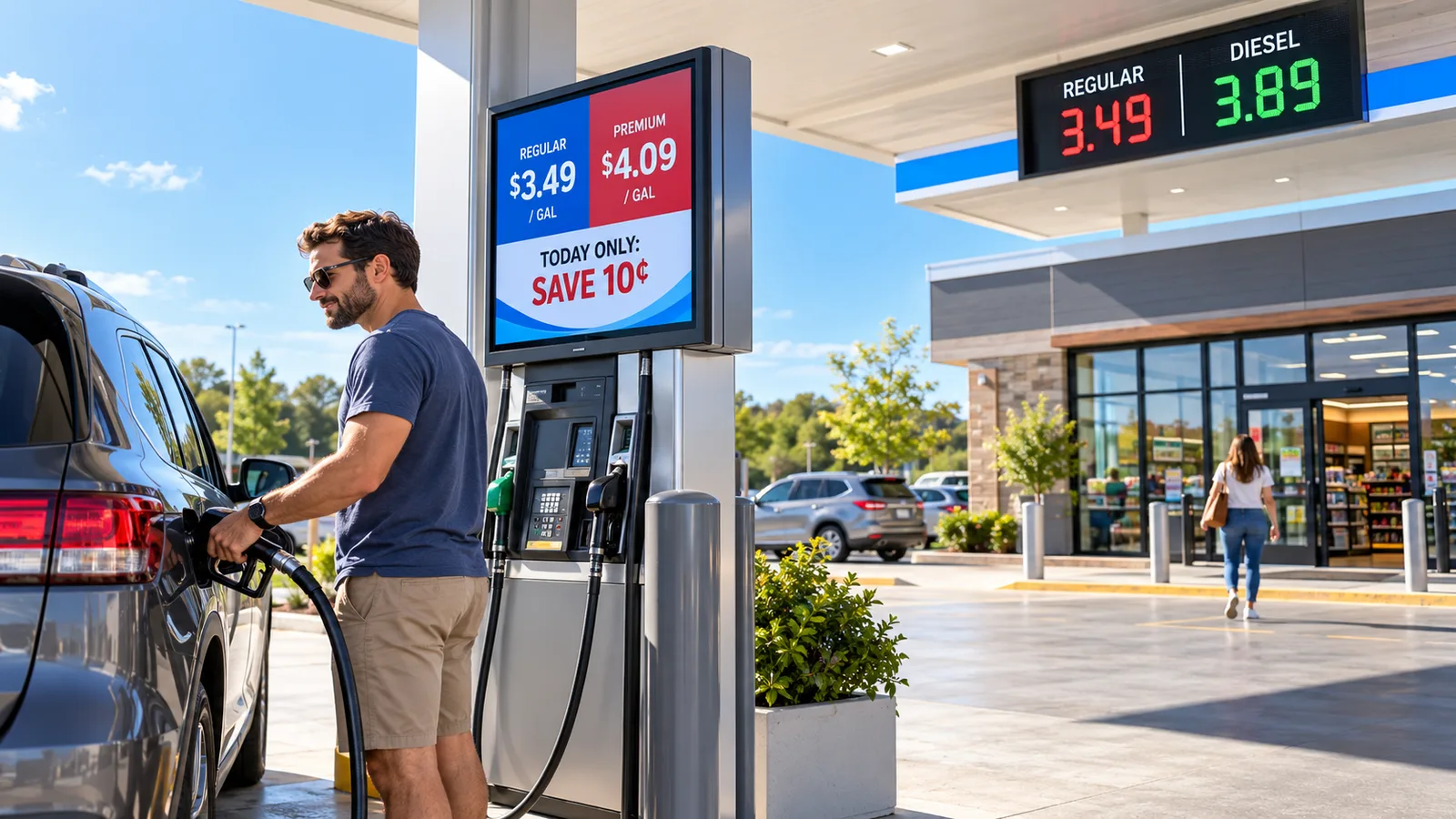 Driver fueling a car beside a digital pump sign showing regular and premium prices and a save 10 cents offer, with a digital regular and diesel price board overhead