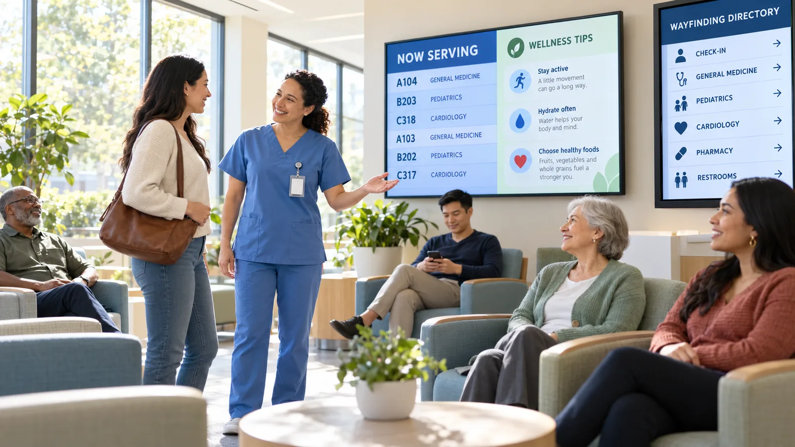 Patients in a bright clinic waiting room as a nurse greets one, with a now-serving queue and health tips on the wall screen