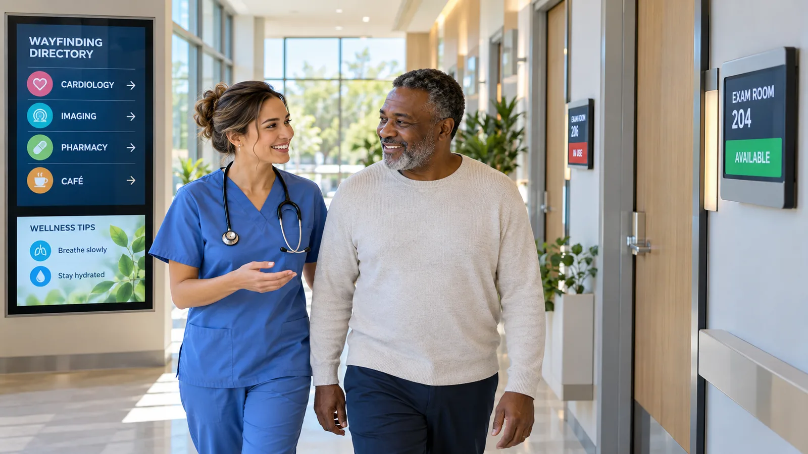A nurse walking with a patient down a hospital corridor past a wayfinding directory and an exam room door sign