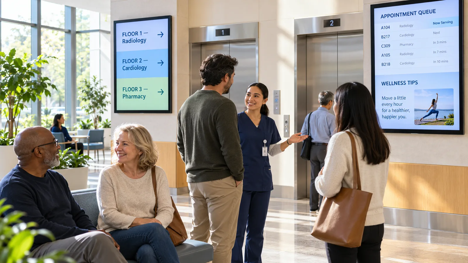 Visitors and a staff member in a hospital elevator lobby beside a floor directory and an appointment queue screen