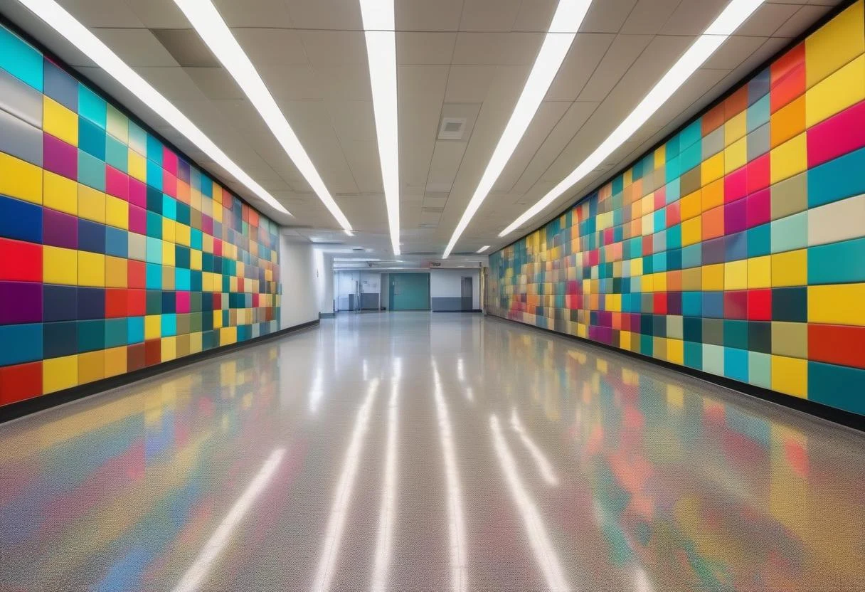 Staff corridor lined with a colorful mosaic-tile accent wall