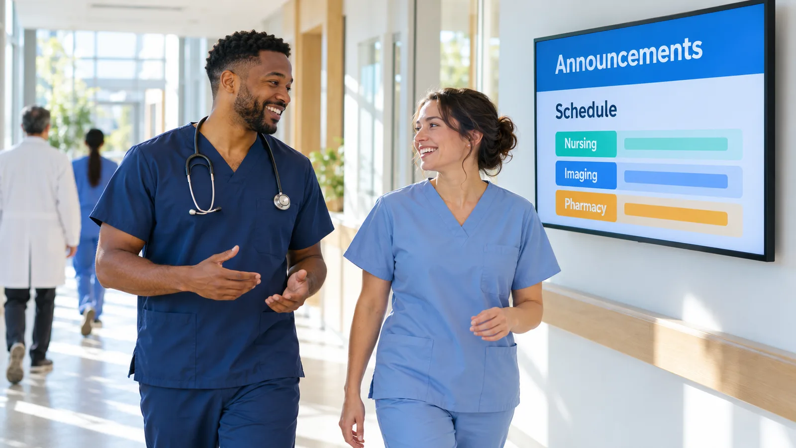 Two clinicians talking in a staff corridor beside a display showing announcements and a shift schedule