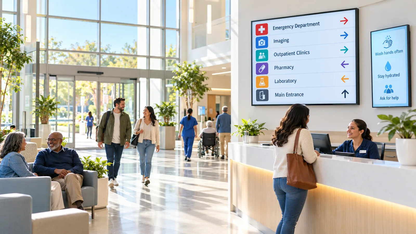 Hospital lobby with a digital wayfinding display pointing to the emergency department, imaging, pharmacy and lab while a visitor checks in at the front desk