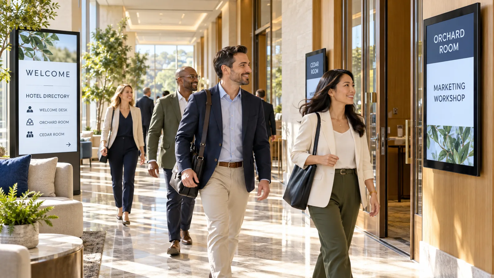 Hotel guests walking down a bright corridor past meeting room screens showing room names and session titles