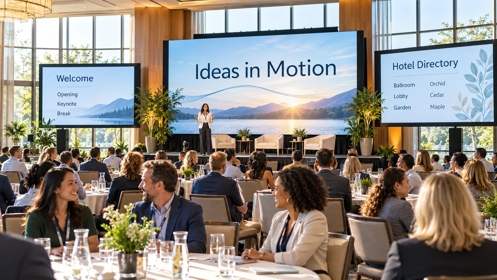 Attendees seated in a hotel ballroom facing a stage screen with a keynote title and side screens showing a schedule