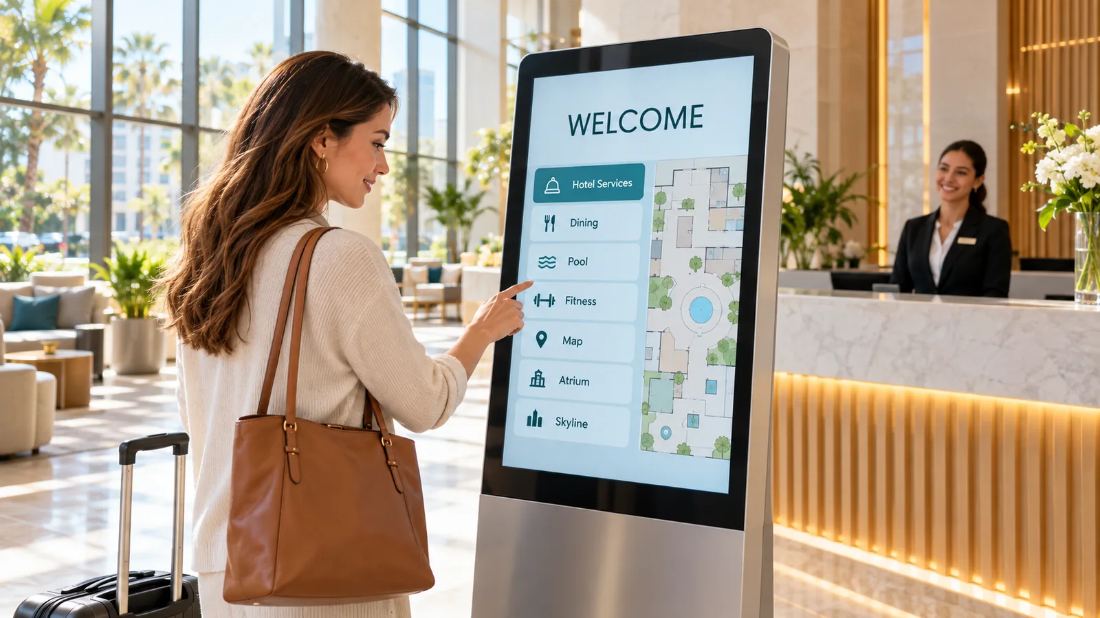 A guest using a freestanding lobby kiosk showing hotel services and a map while a front desk agent looks on