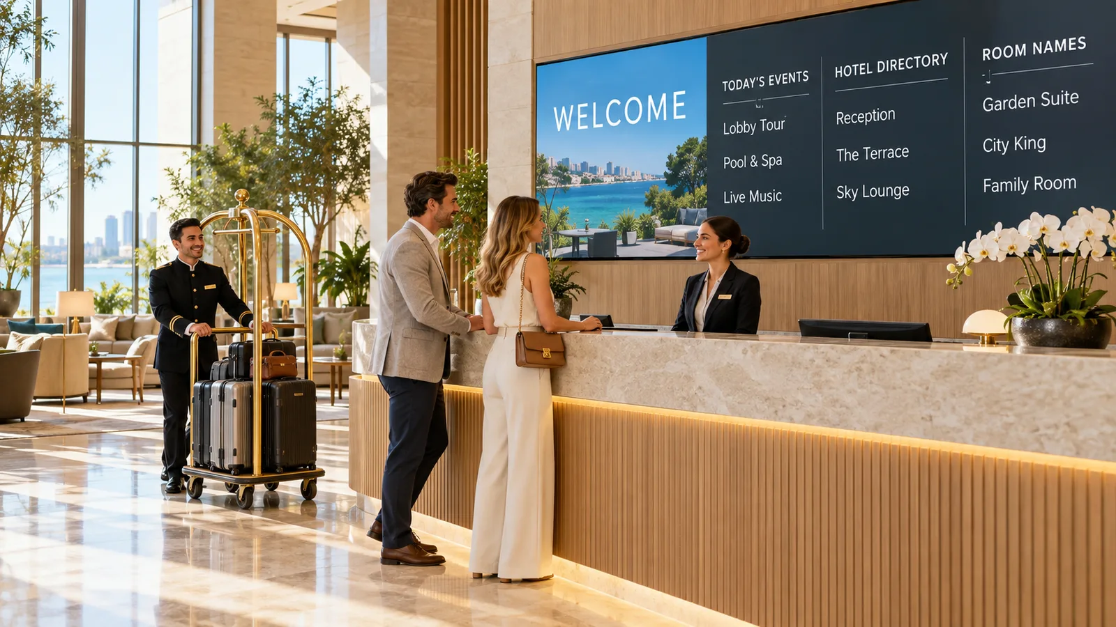 Hotel guests checking in at a front desk below a digital display showing a welcome screen, today's events and a hotel directory