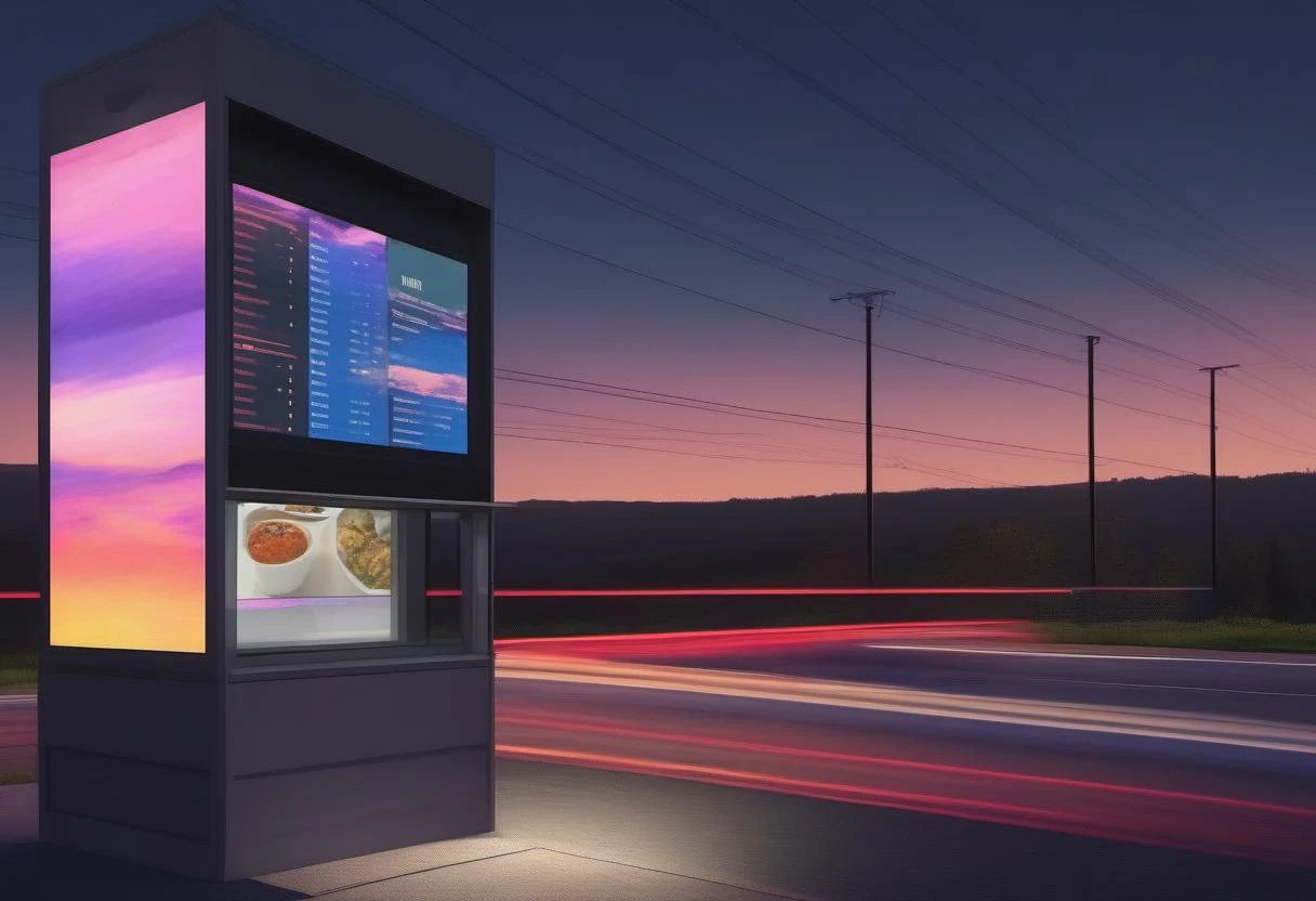 Outdoor drive-through kiosk with an illuminated menu screen and pickup window at dusk