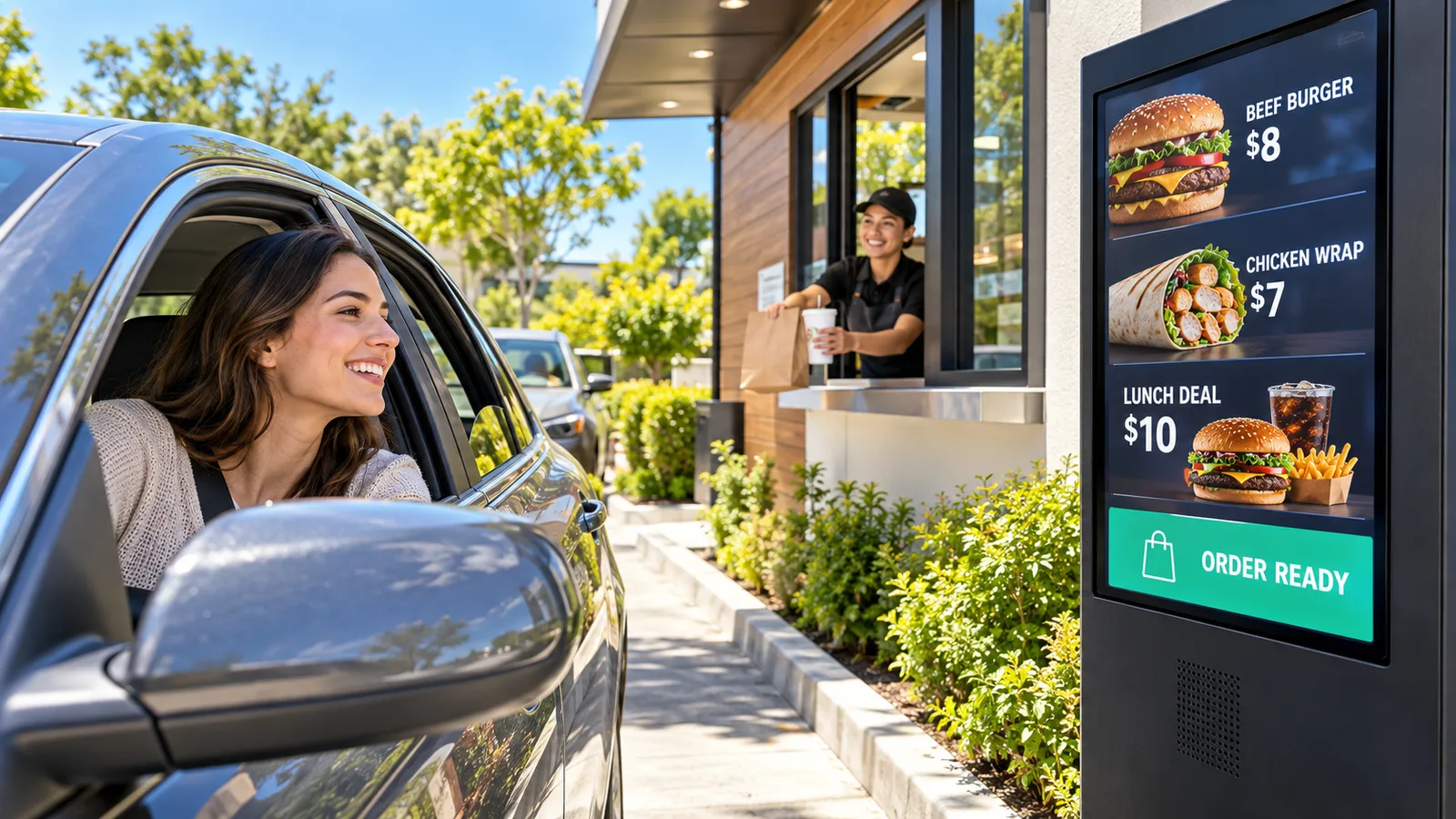 A driver ordering at an outdoor drive-through menu kiosk in daylight while a staff member waits at the pickup window