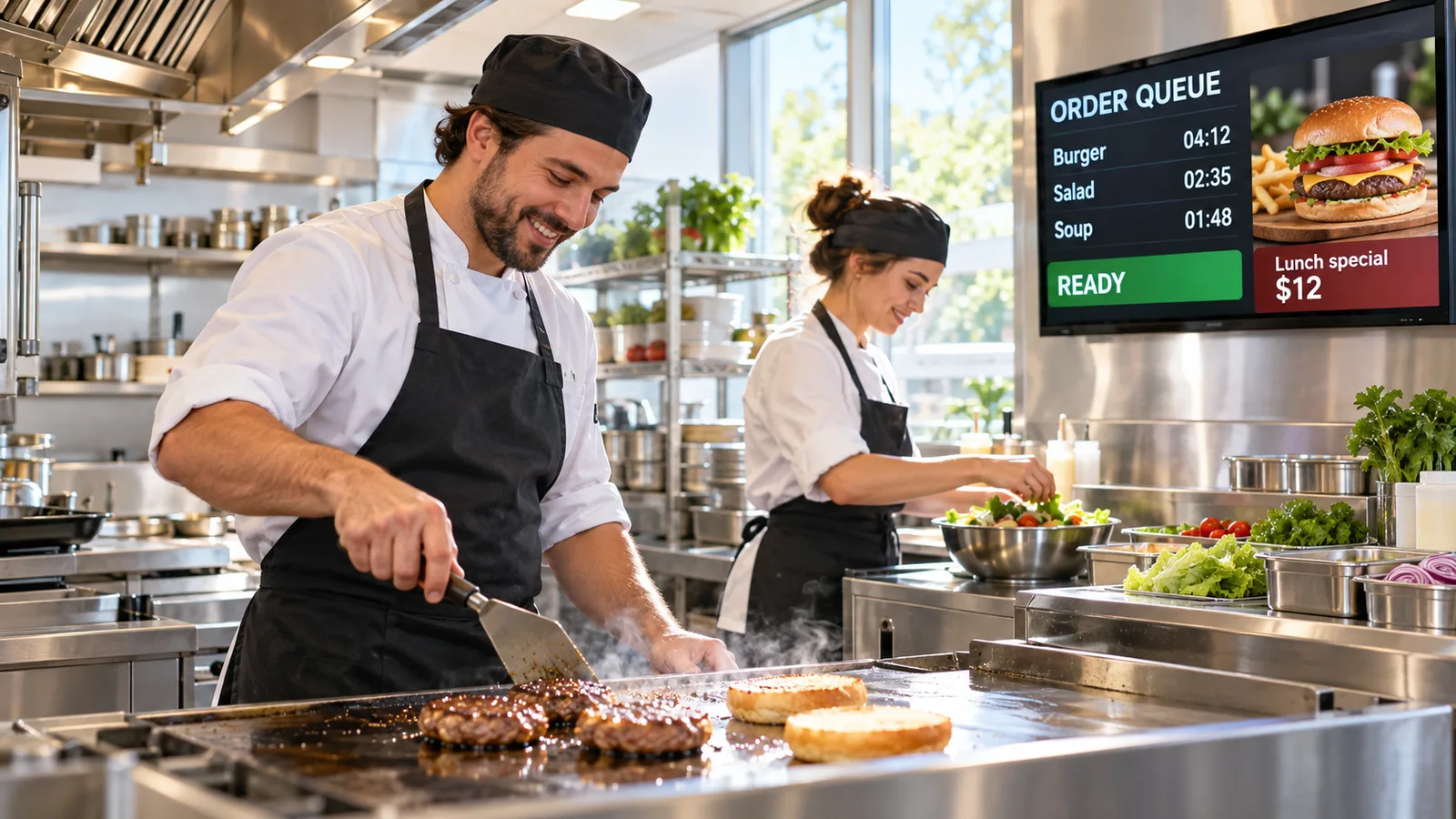 Two cooks working in a bright commercial kitchen beside a wall display showing the order queue and timers