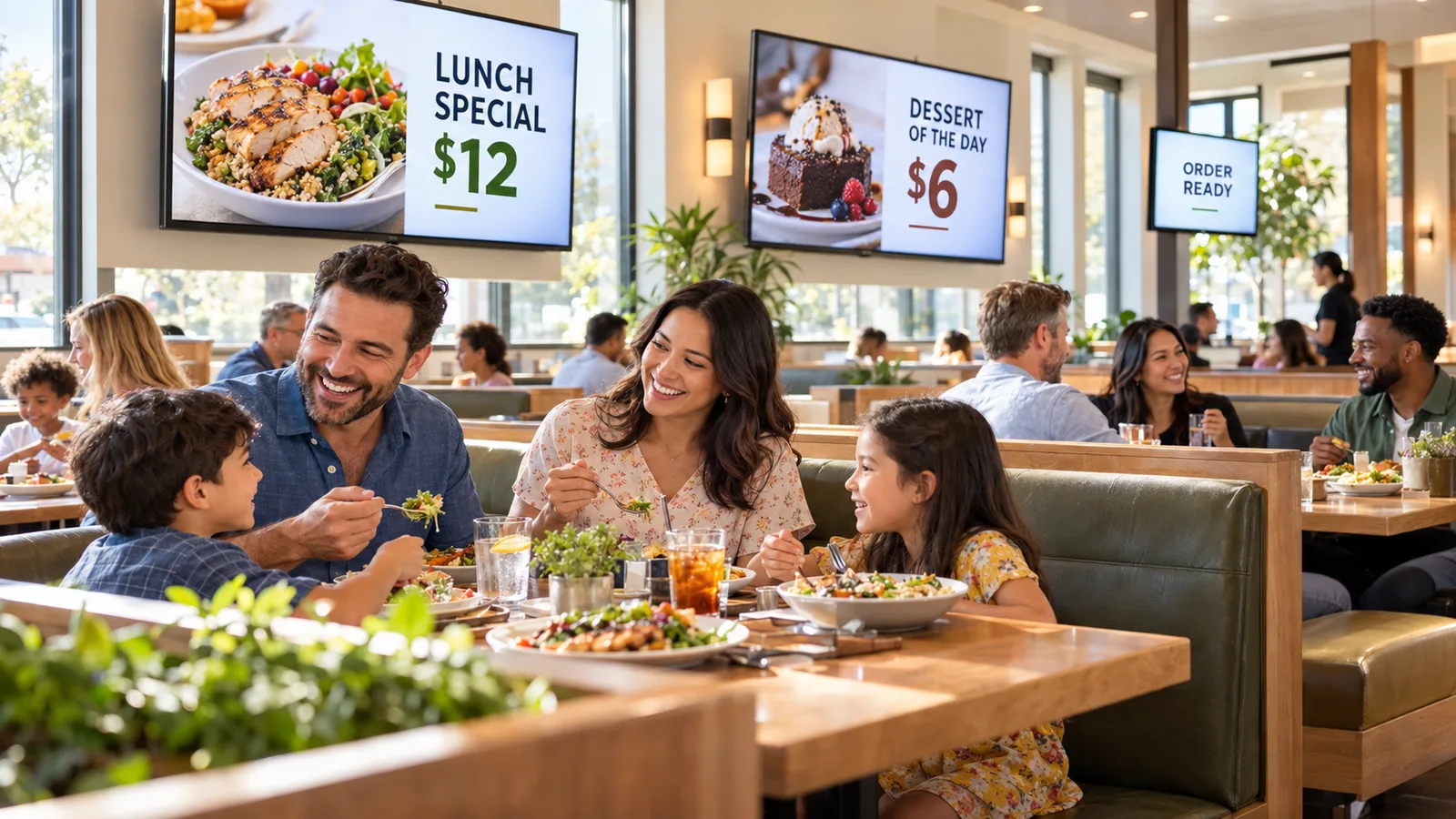 Families eating in dining room booths beneath screens showing a lunch special and the dessert of the day