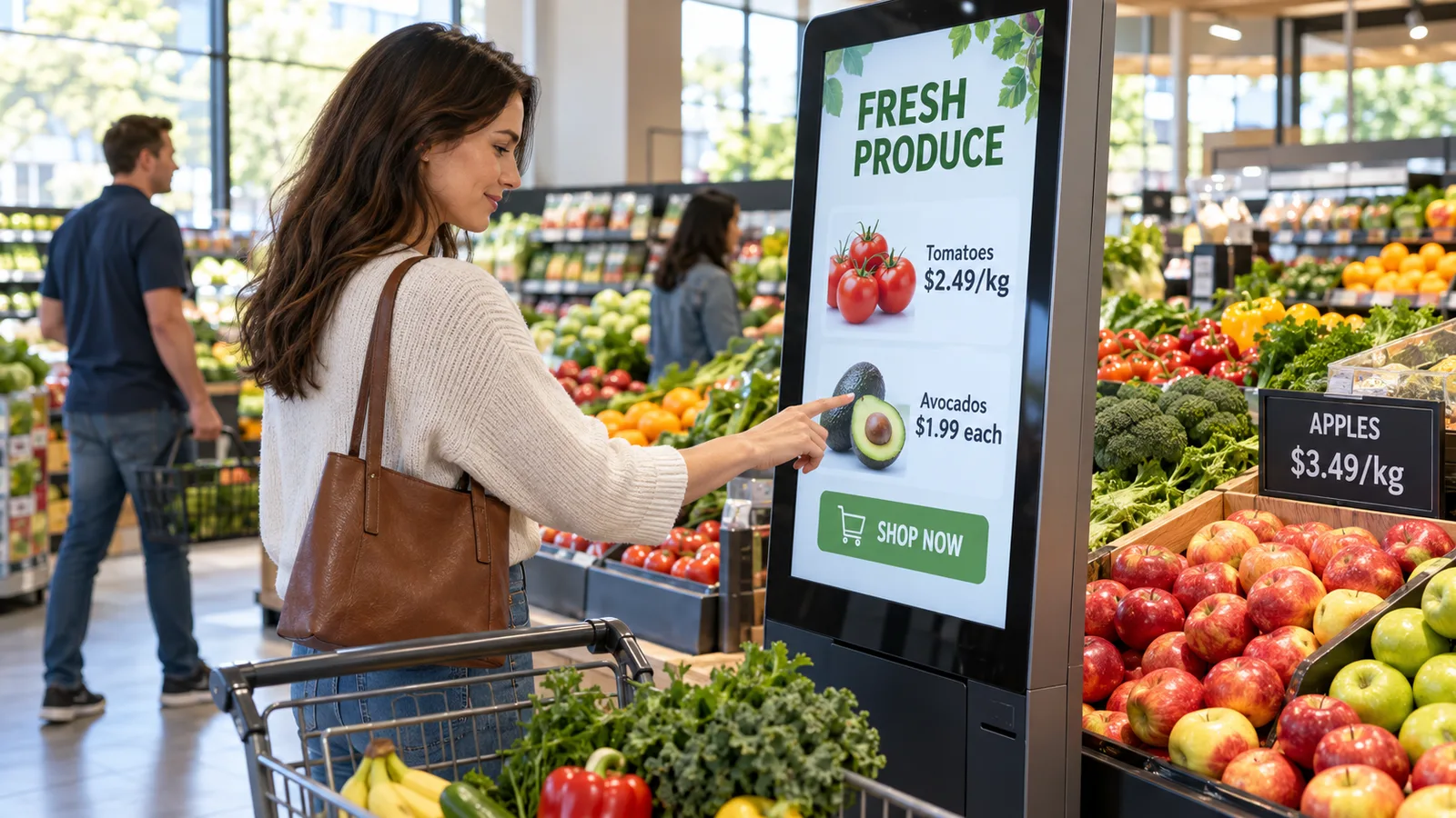 A shopper using a freestanding kiosk in a grocery produce aisle showing fresh produce prices