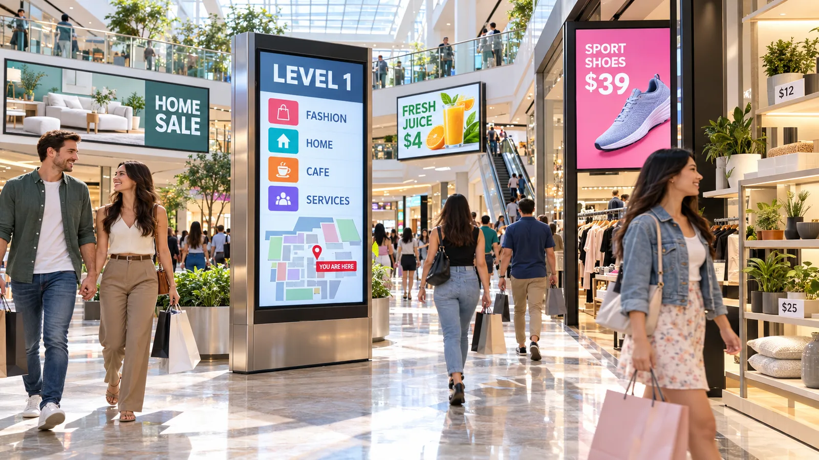 Shoppers walking through a bright mall concourse past a directory tower showing store names and a floor map