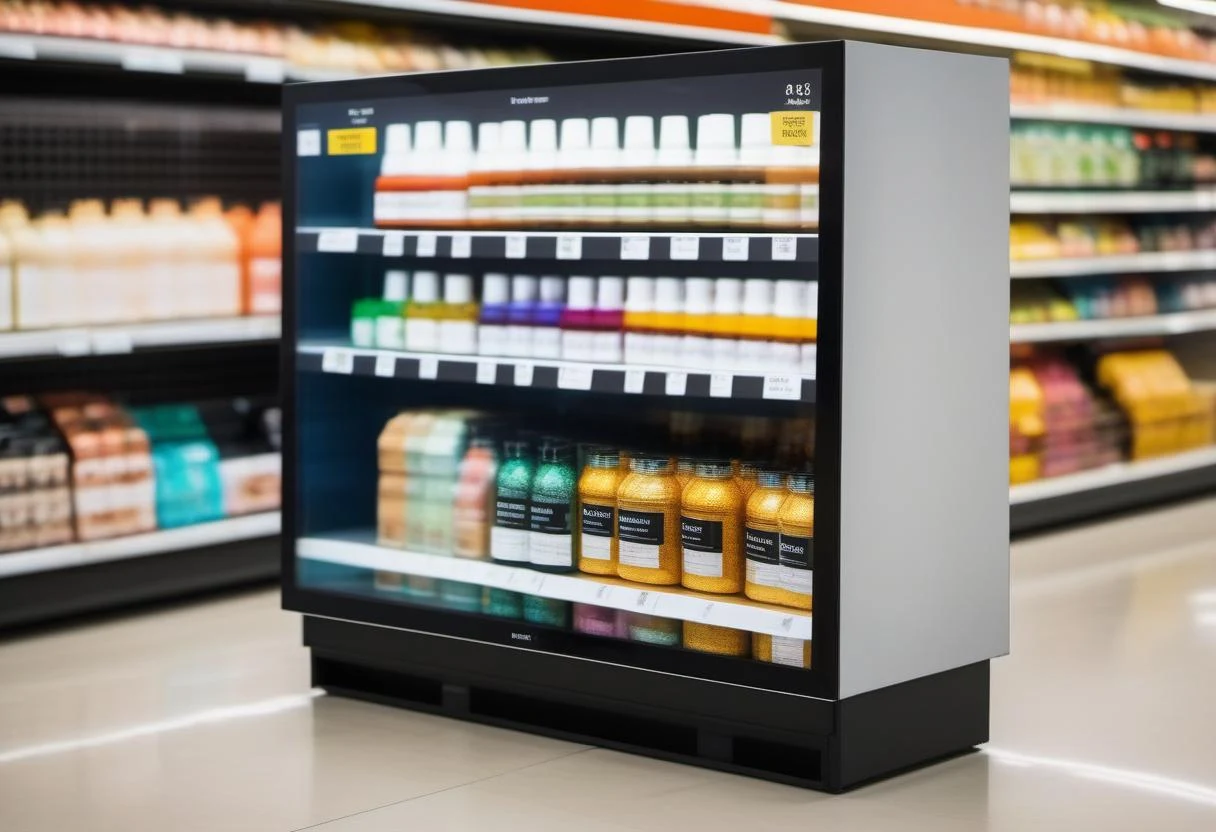 Digital shelf-edge display screen showing product rows in a store aisle