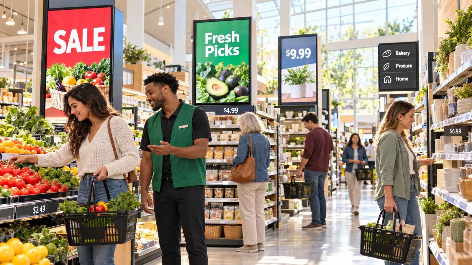 Shoppers and a staff member in a store aisle beside tall promotional display towers showing sale items