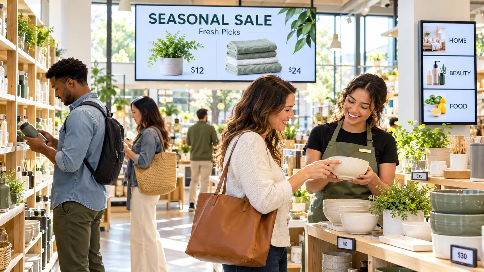 Shoppers in a bright home goods store with a digital seasonal sale display and a department directory screen