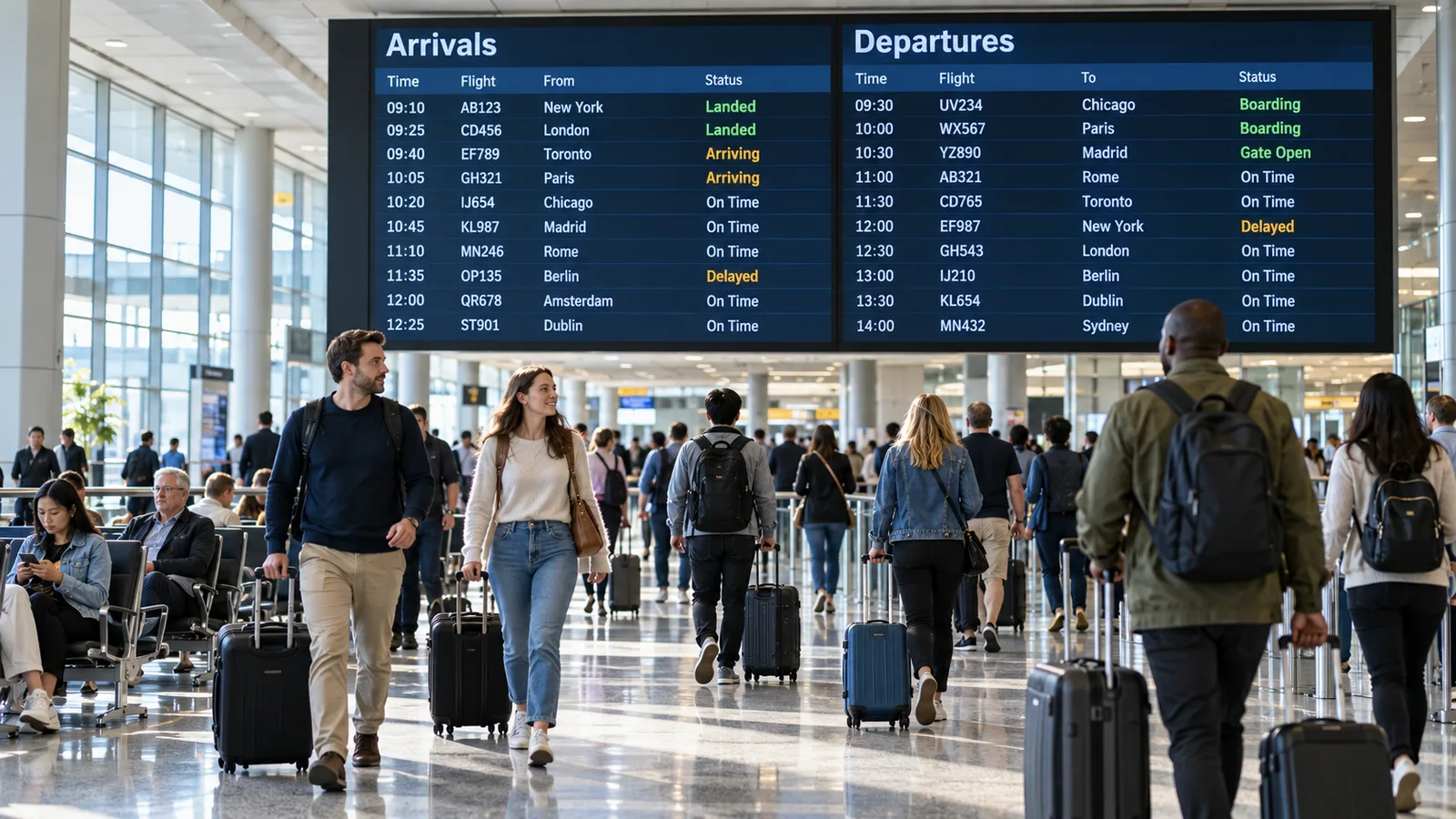 Travelers walking beneath a full-wall arrivals and departures board in an airport terminal