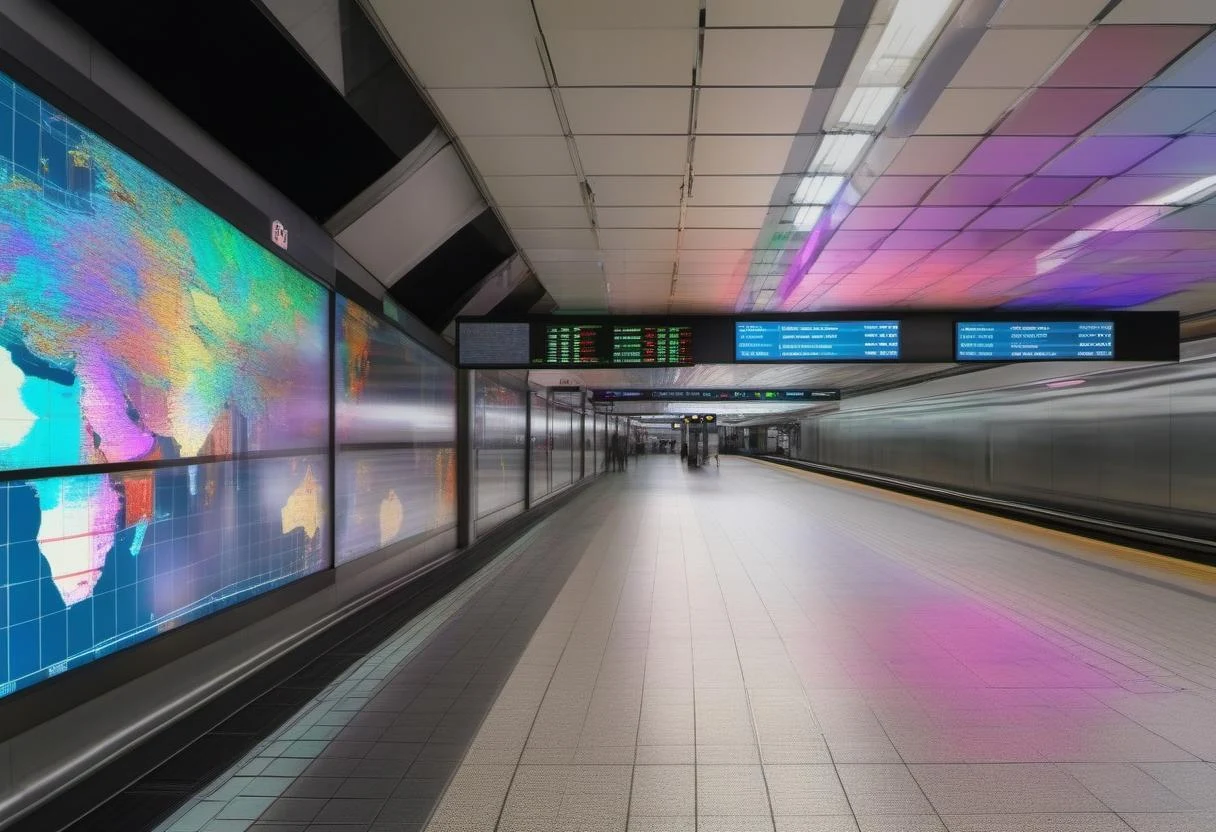 Subway platform with a large world map video wall and overhead schedule boards