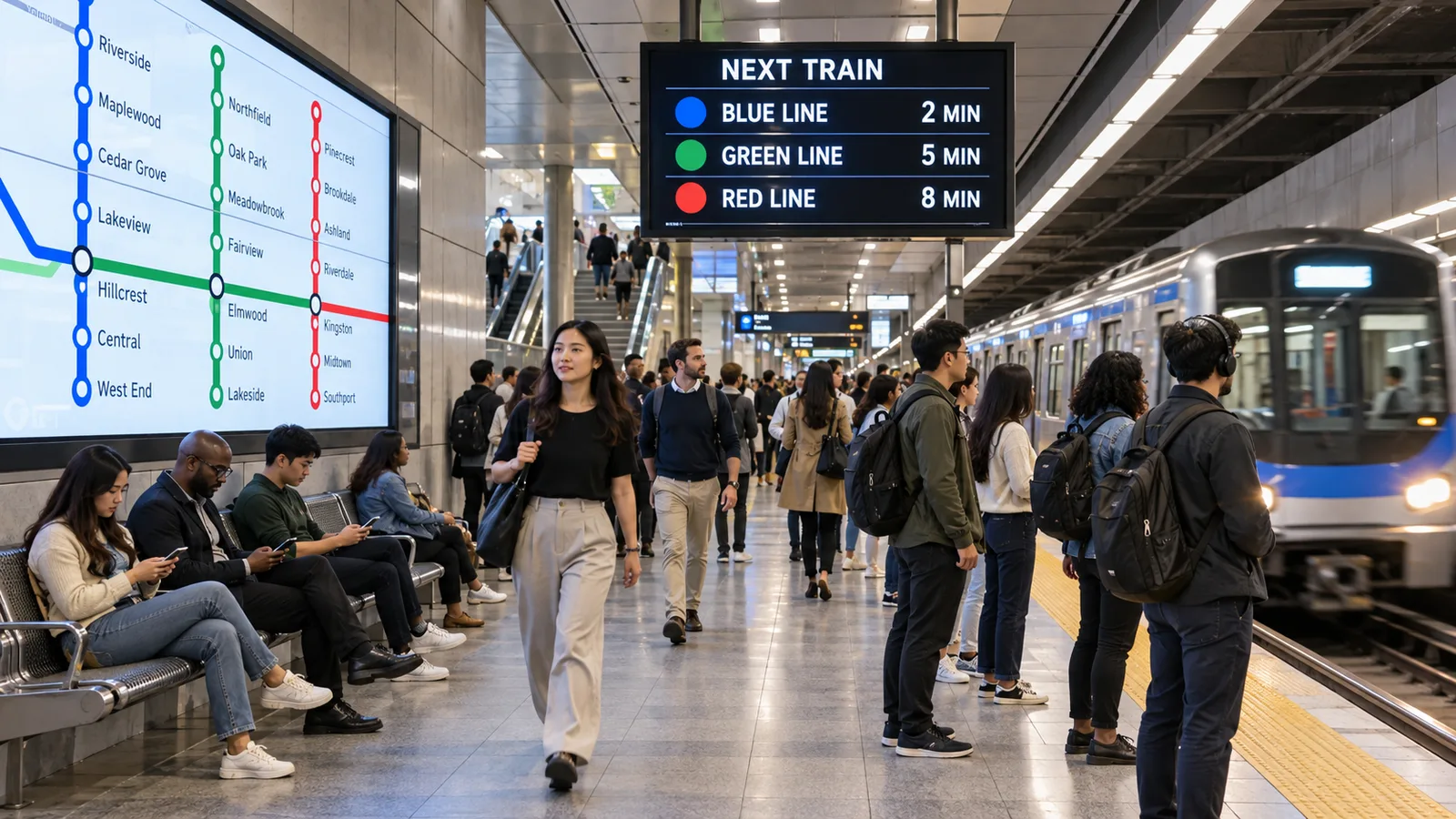 Commuters on a subway platform with a train arriving and a next-train board overhead