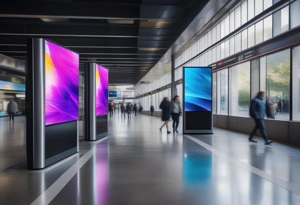 Transit concourse with freestanding double-sided digital kiosk screens
