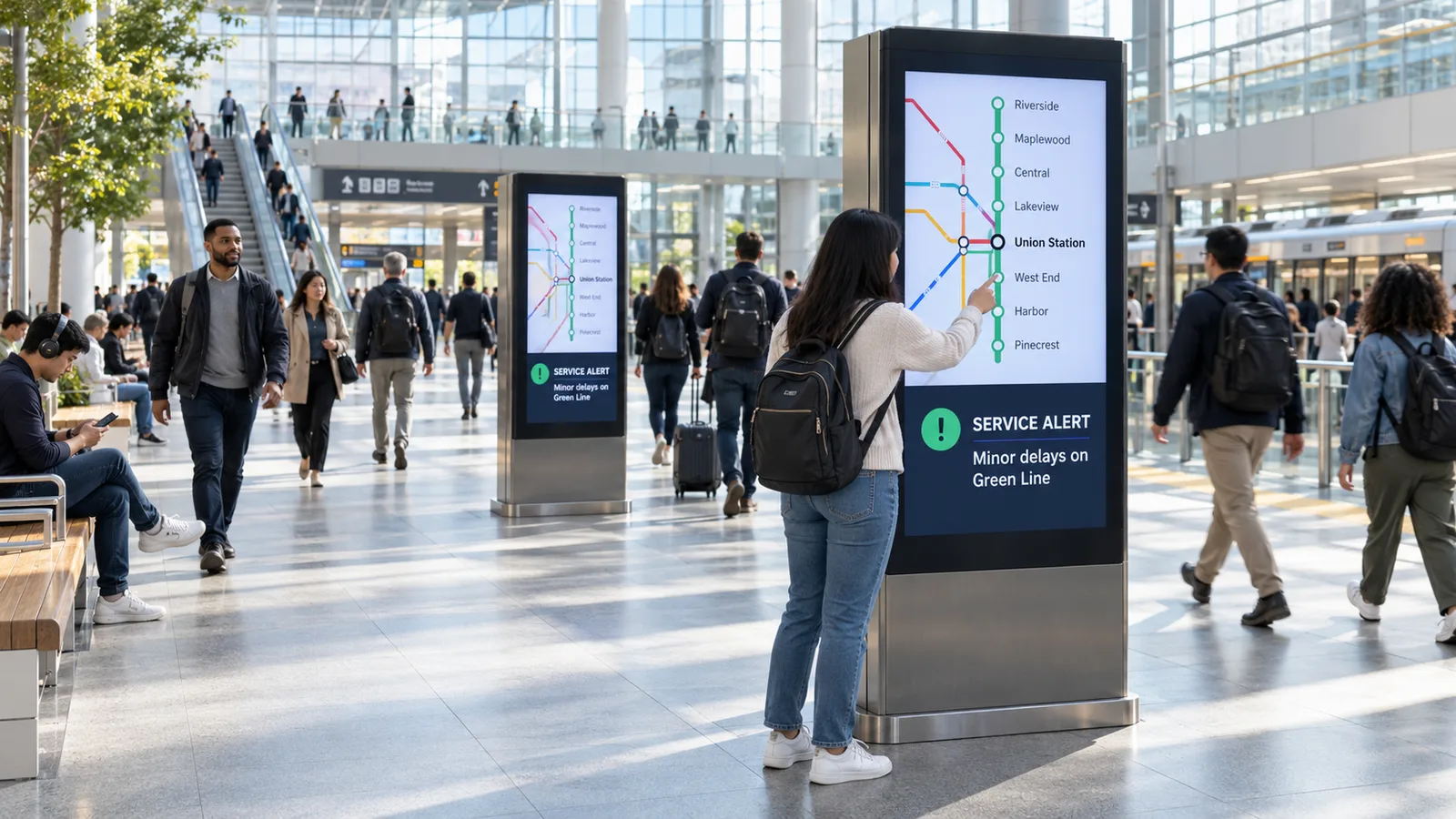 Commuters walking past digital kiosks showing a transit route map and a service alert