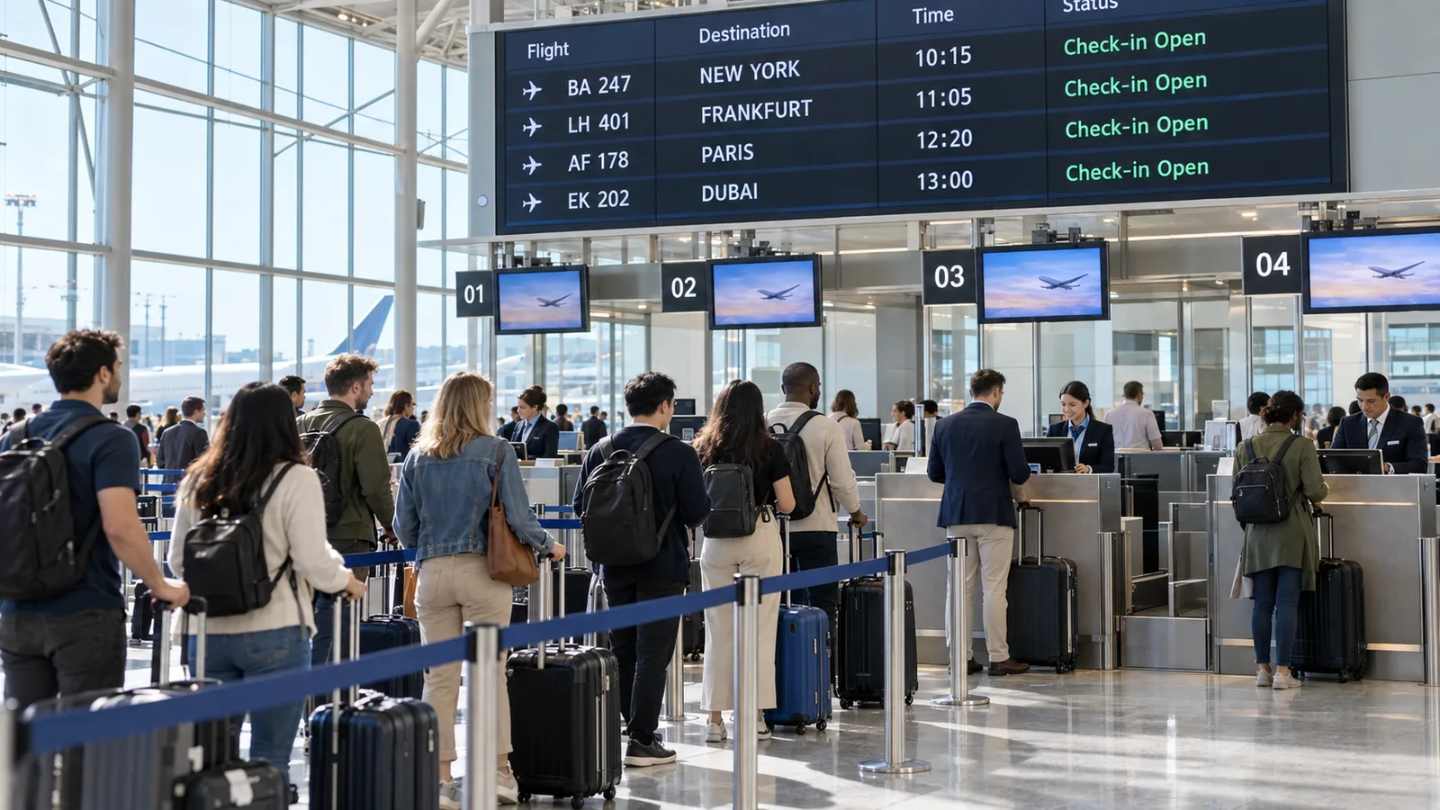 Travelers queuing at airport check-in counters beneath departure schedule screens