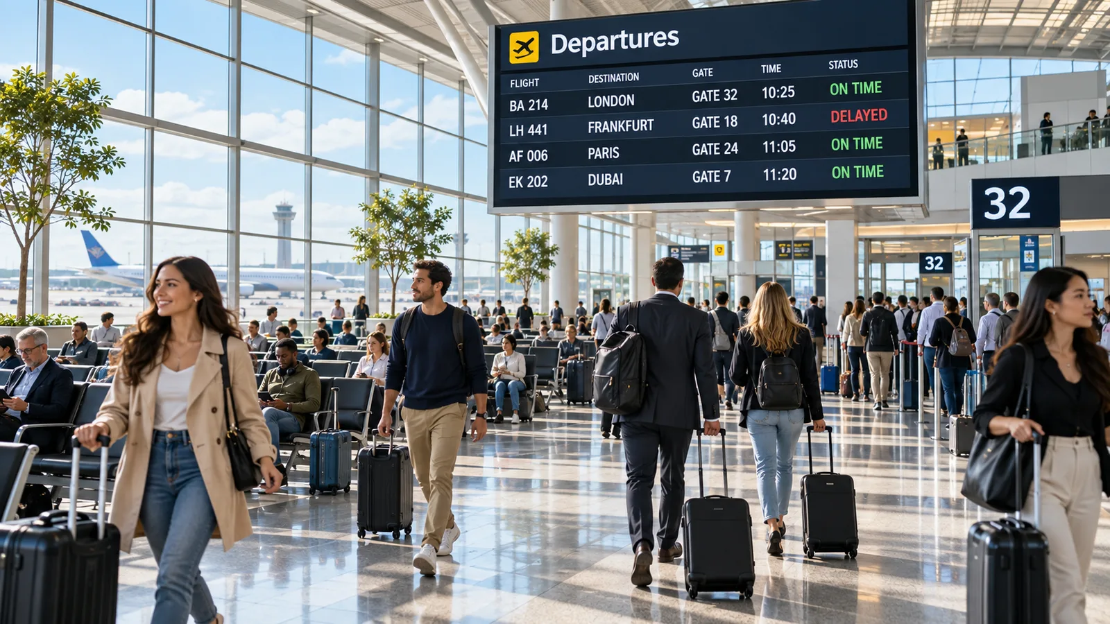 Travelers with luggage walking through an airport terminal under a digital departures board showing flights, gates and status