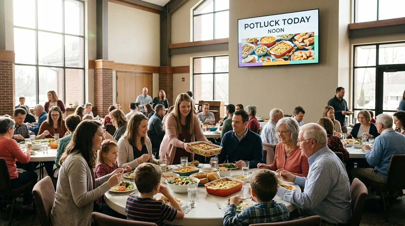 A church fellowship hall during a potluck with a screen announcing the noon meal