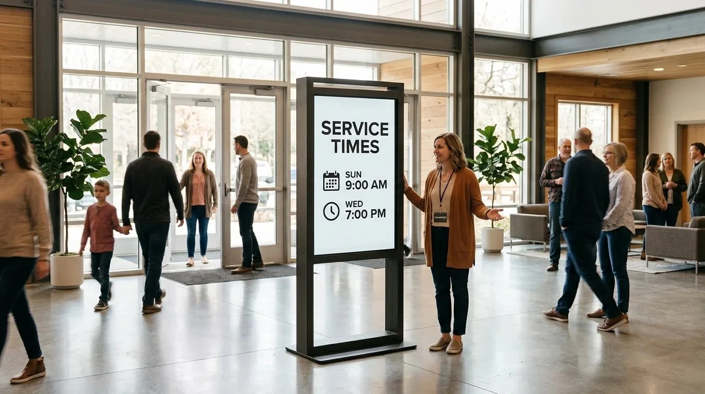 A church foyer with a digital kiosk listing Sunday and Wednesday service times
